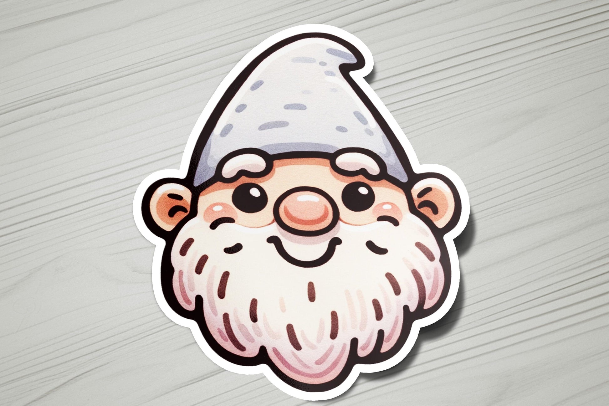 a sticker of a gnome face on a table