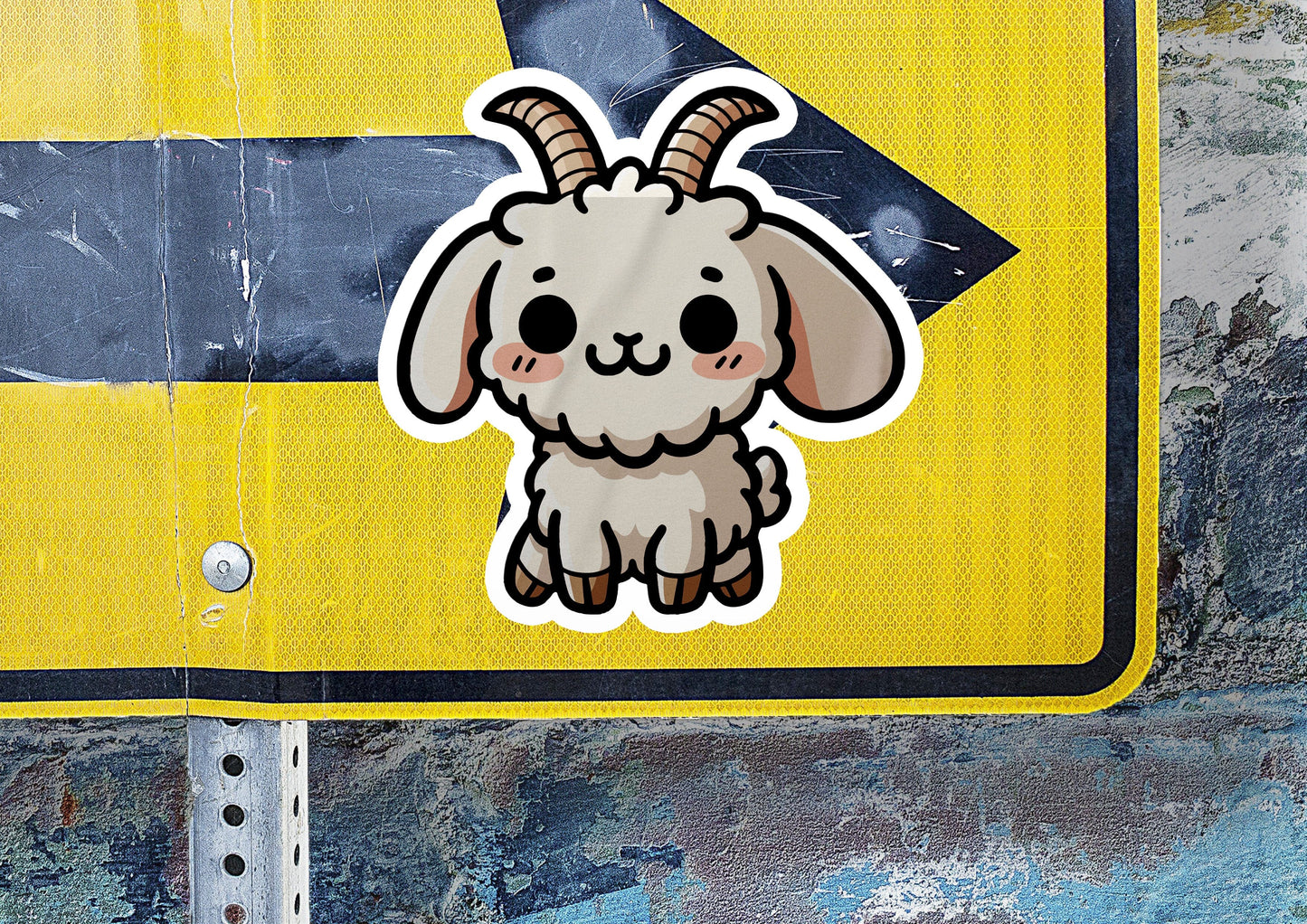 a close up of a street sign with a goat sticker on it