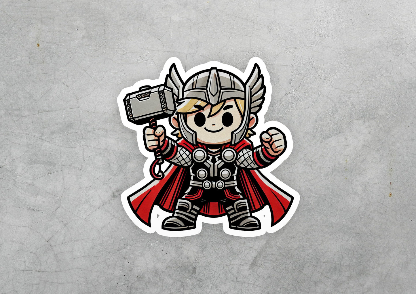 a sticker of a cartoon character holding a hammer