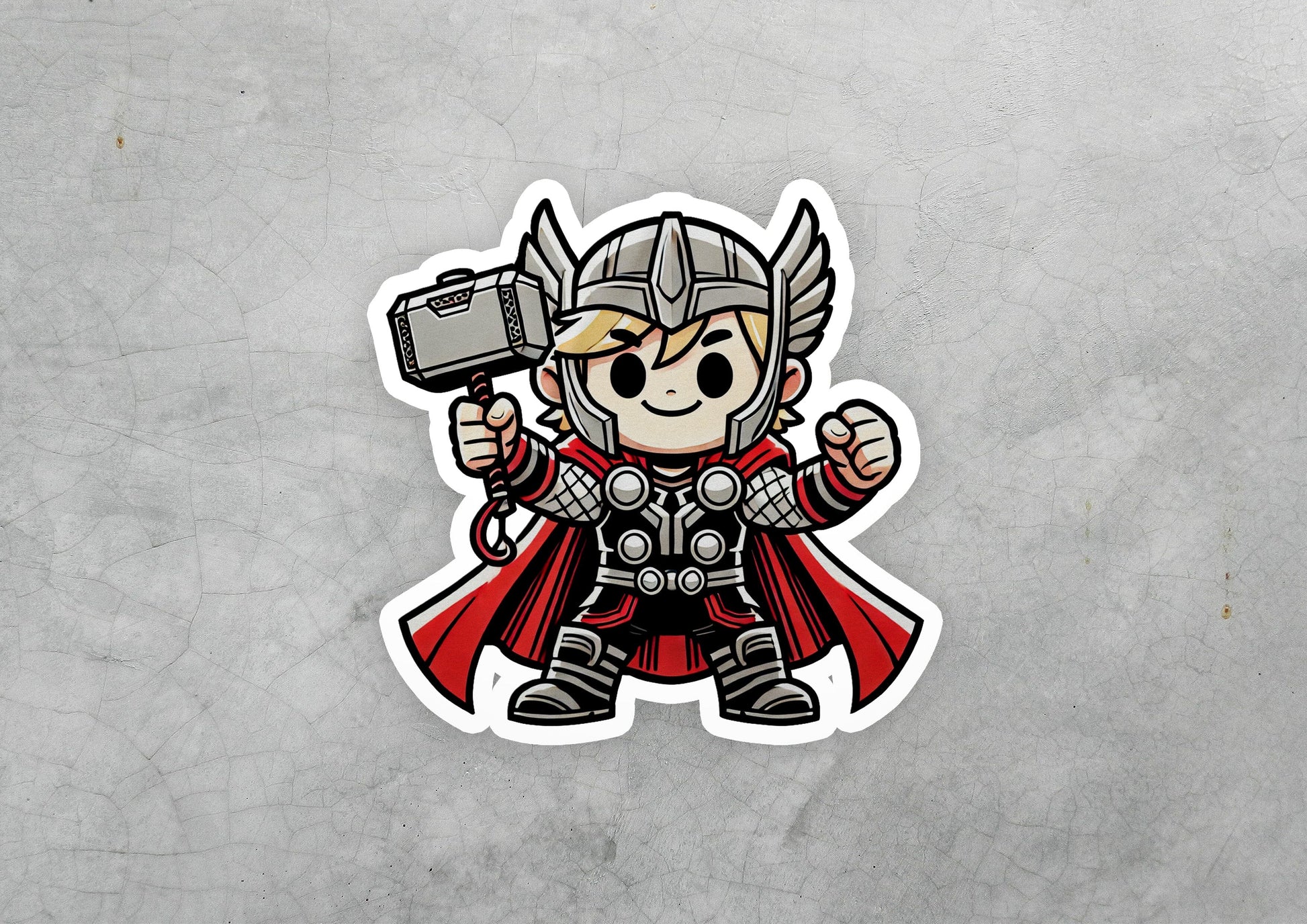 a sticker of a cartoon character holding a hammer