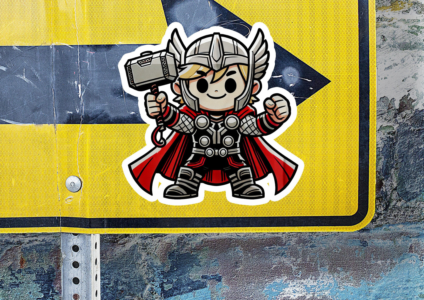 a sticker of a cartoon character holding a hammer