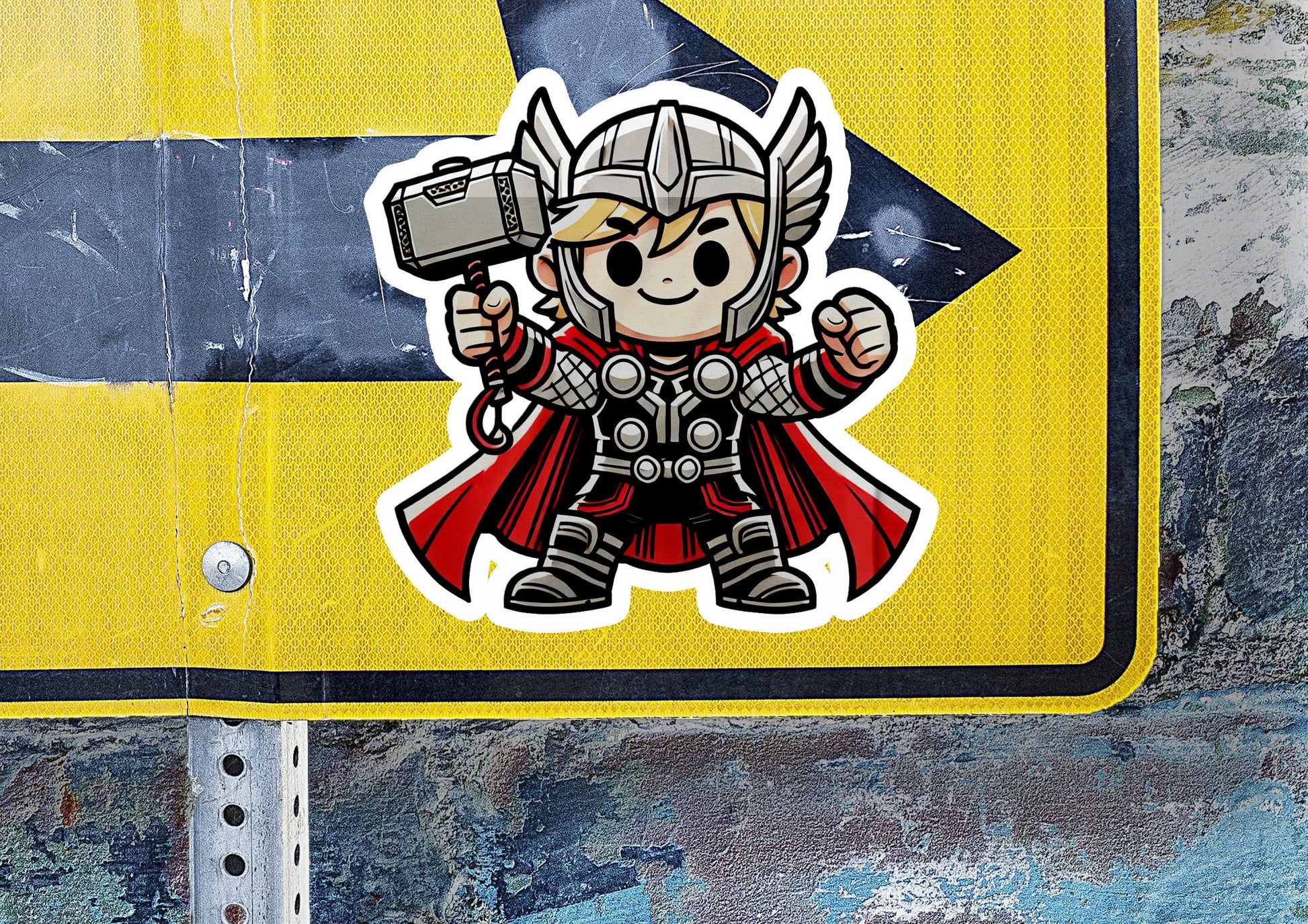 a sticker of a cartoon character holding a hammer