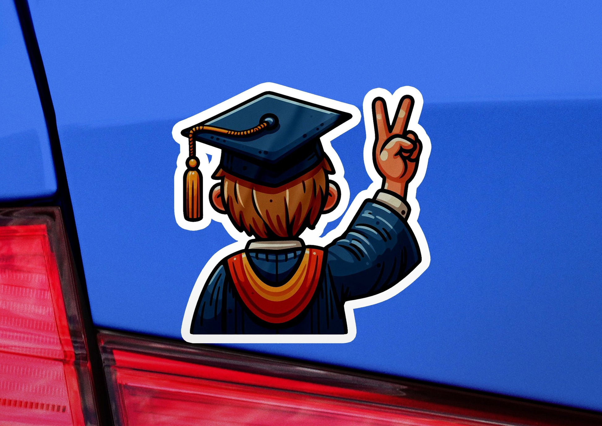 a sticker of a man in a graduation cap giving the peace sign