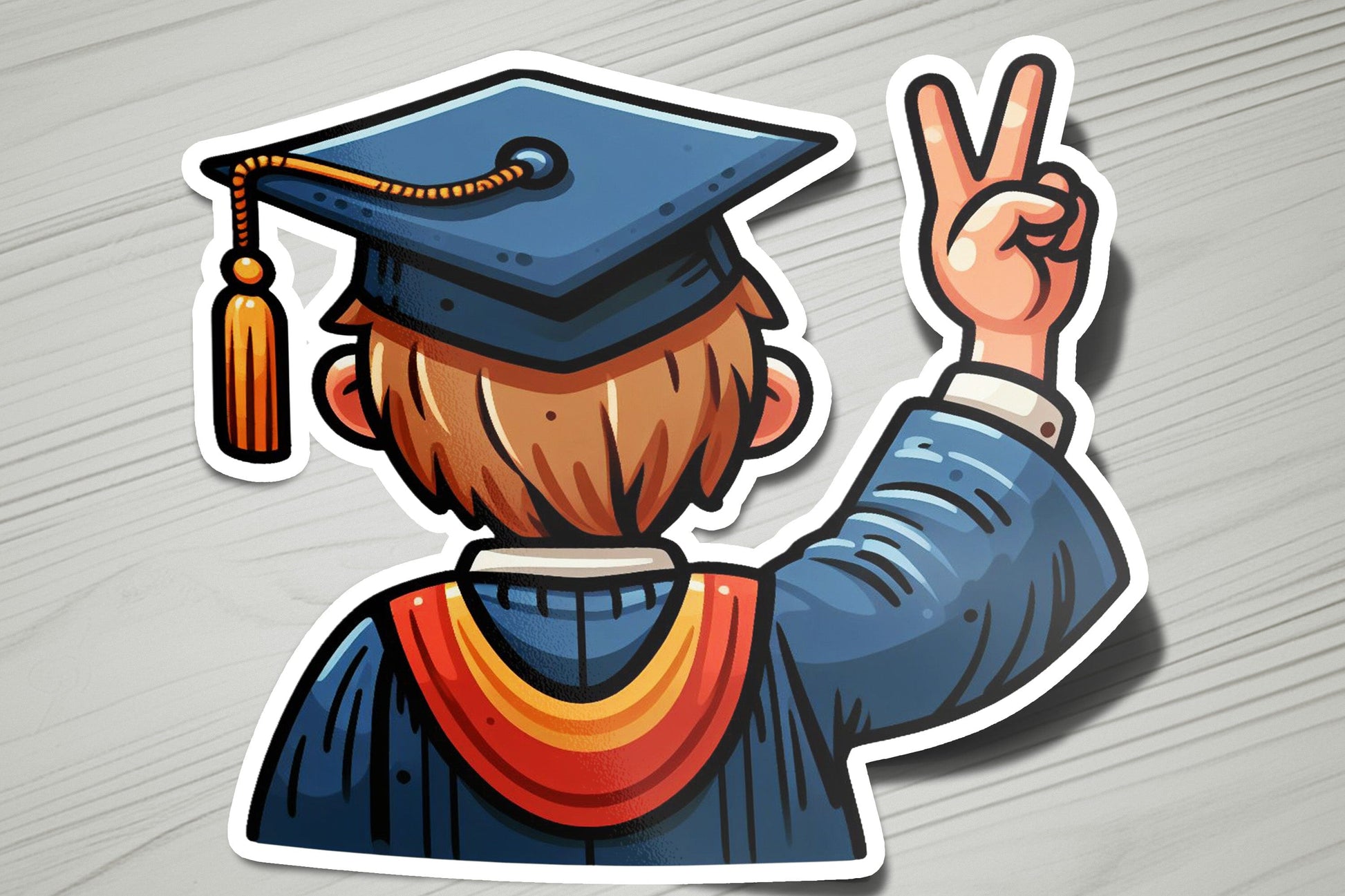 a sticker of a man in a graduation cap giving the peace sign