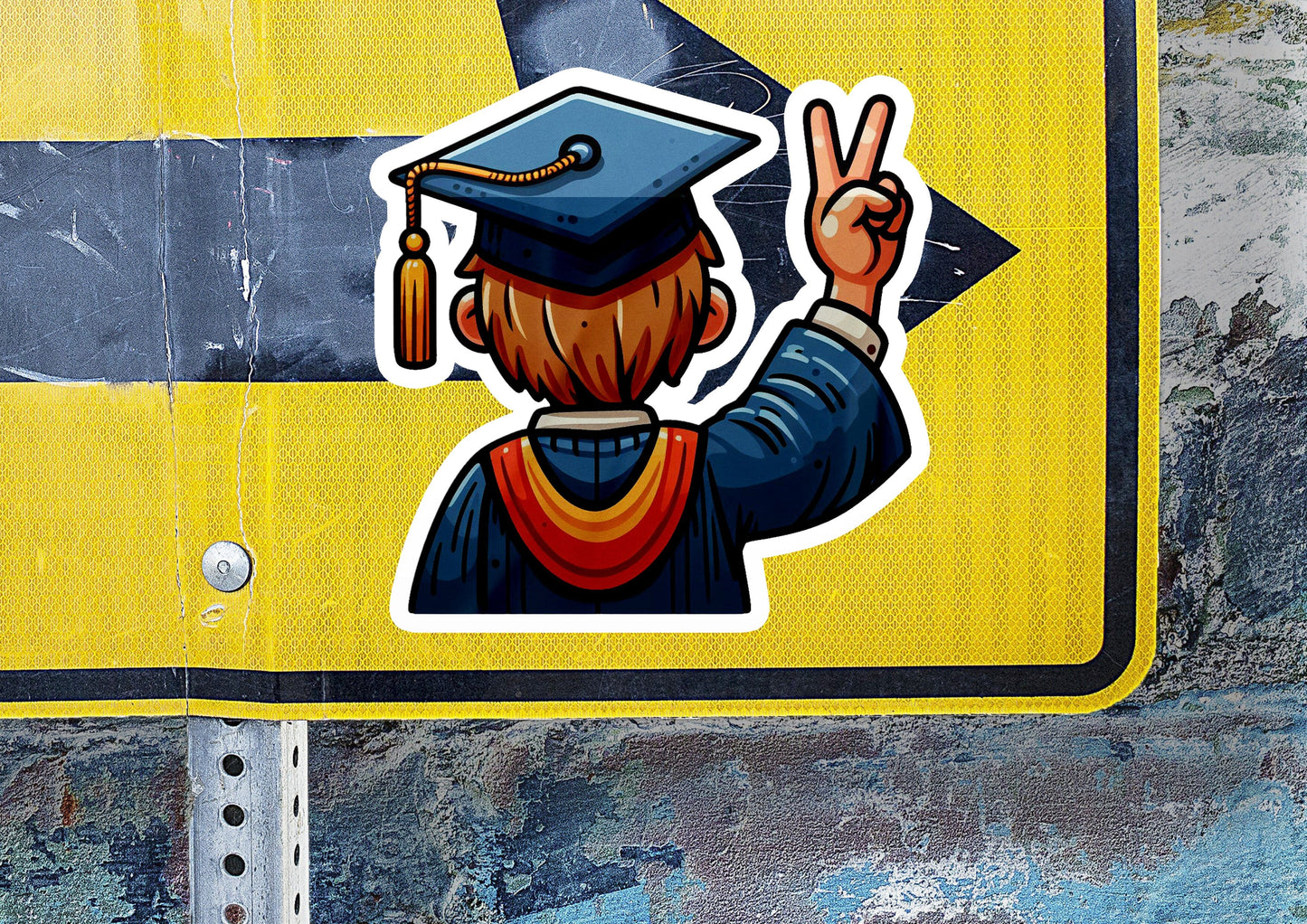 a sticker of a man wearing a graduation cap and holding a peace sign