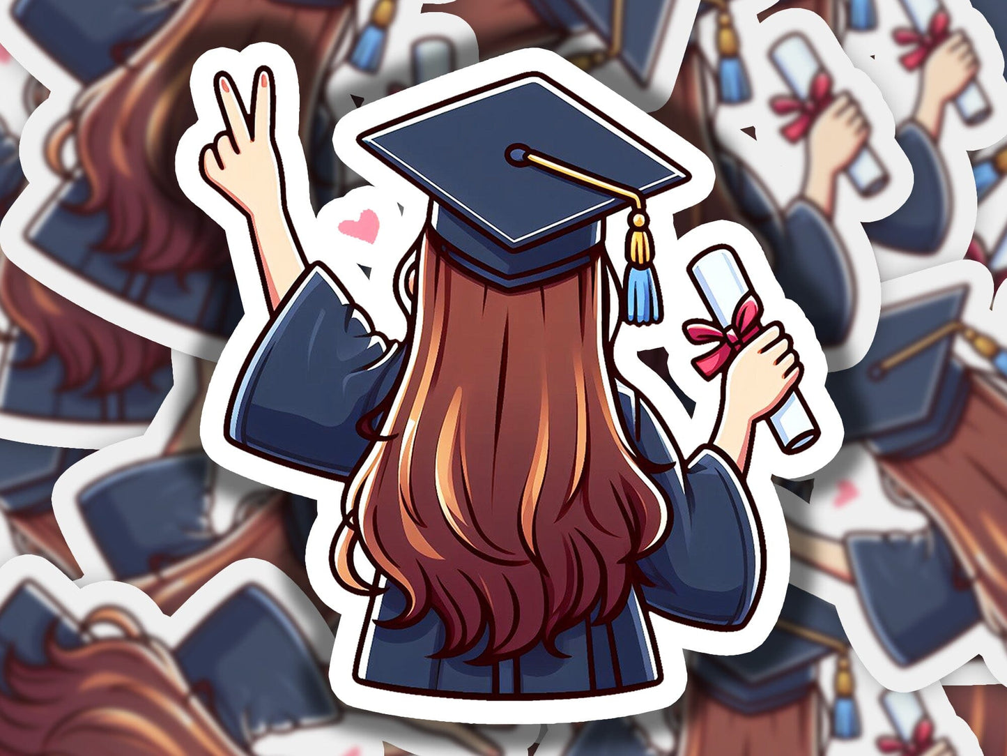a sticker of a woman wearing a graduation cap