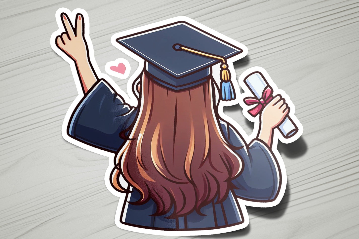 a sticker of a girl in a graduation cap holding a cell phone