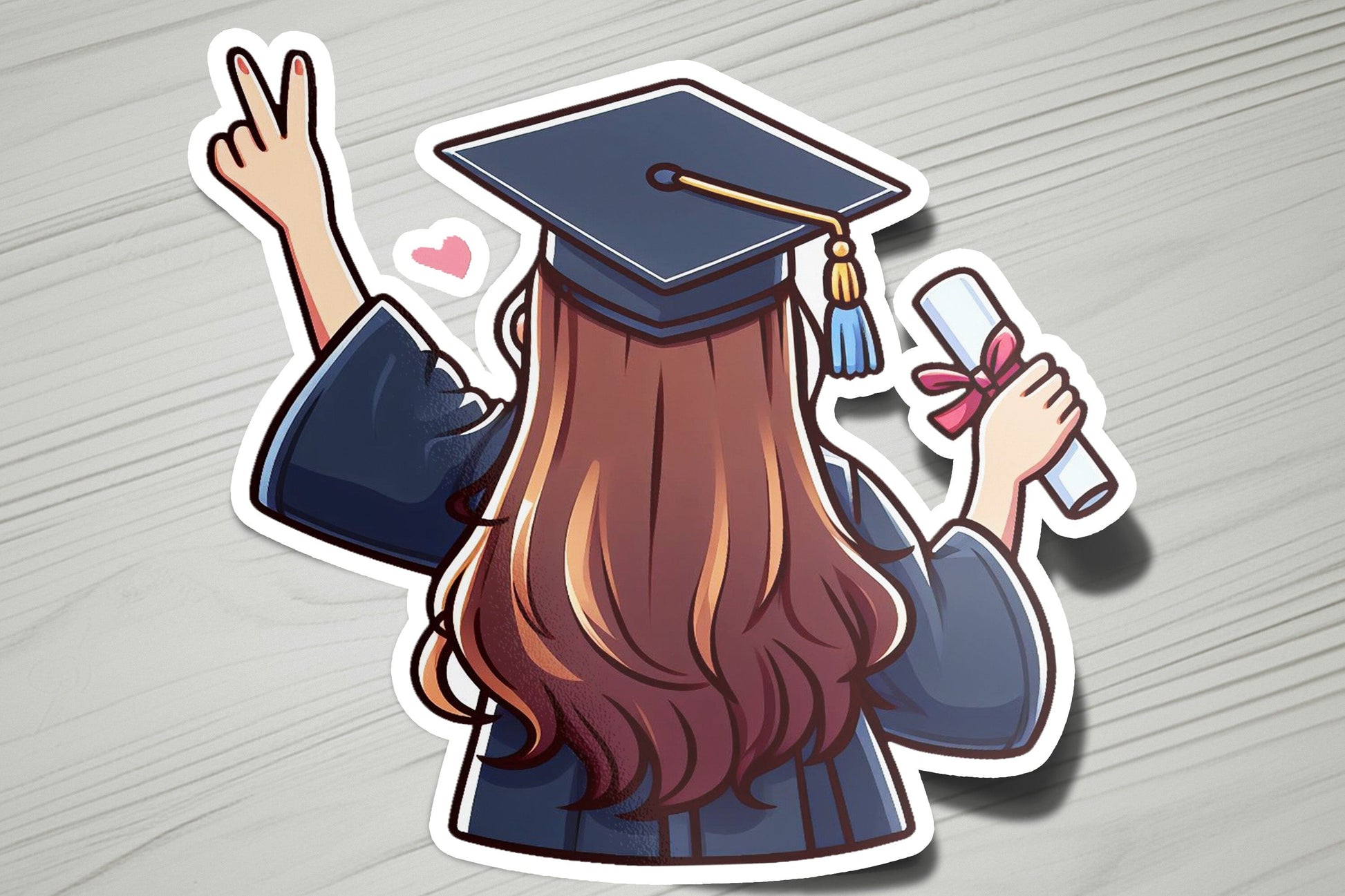 a sticker of a girl in a graduation cap holding a cell phone