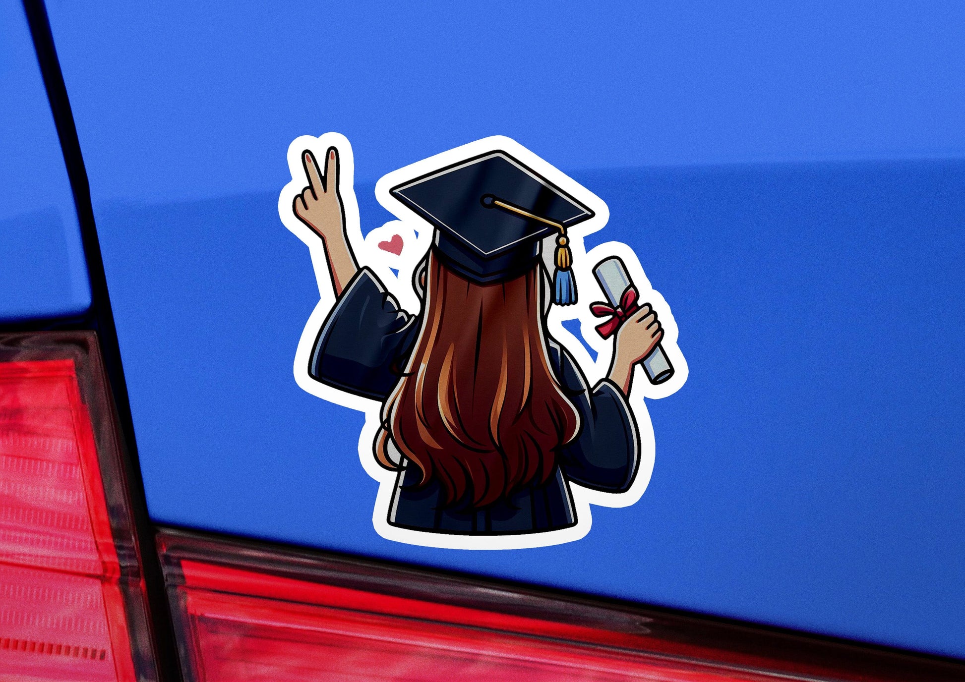 a sticker of a girl in a graduation cap holding a cell phone