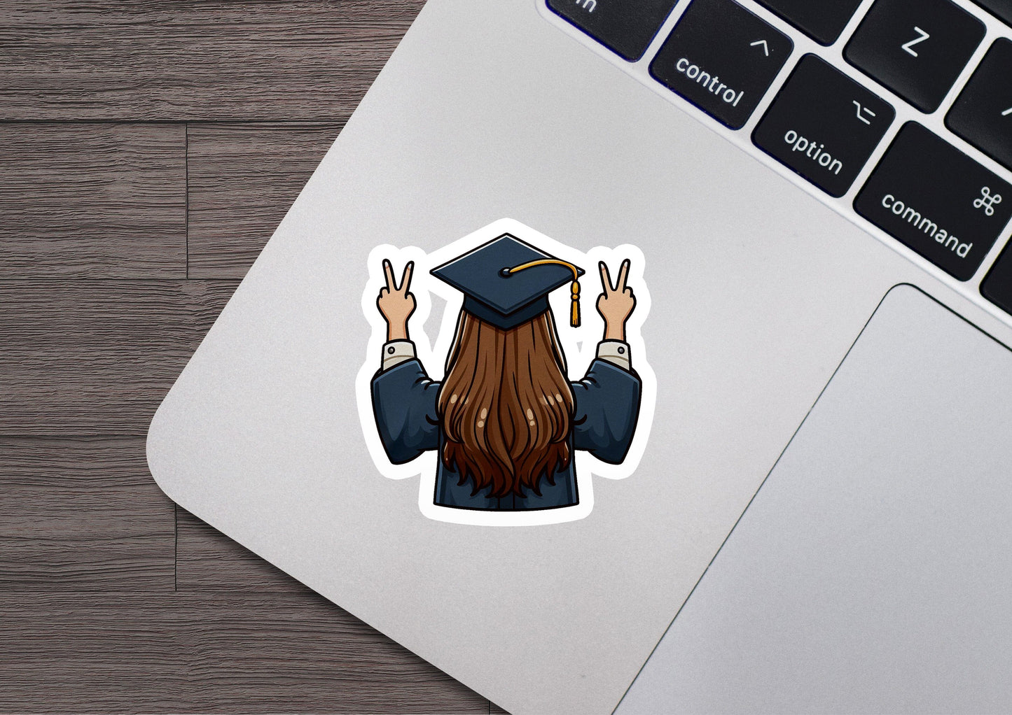 a sticker of a man with long hair wearing a graduation cap