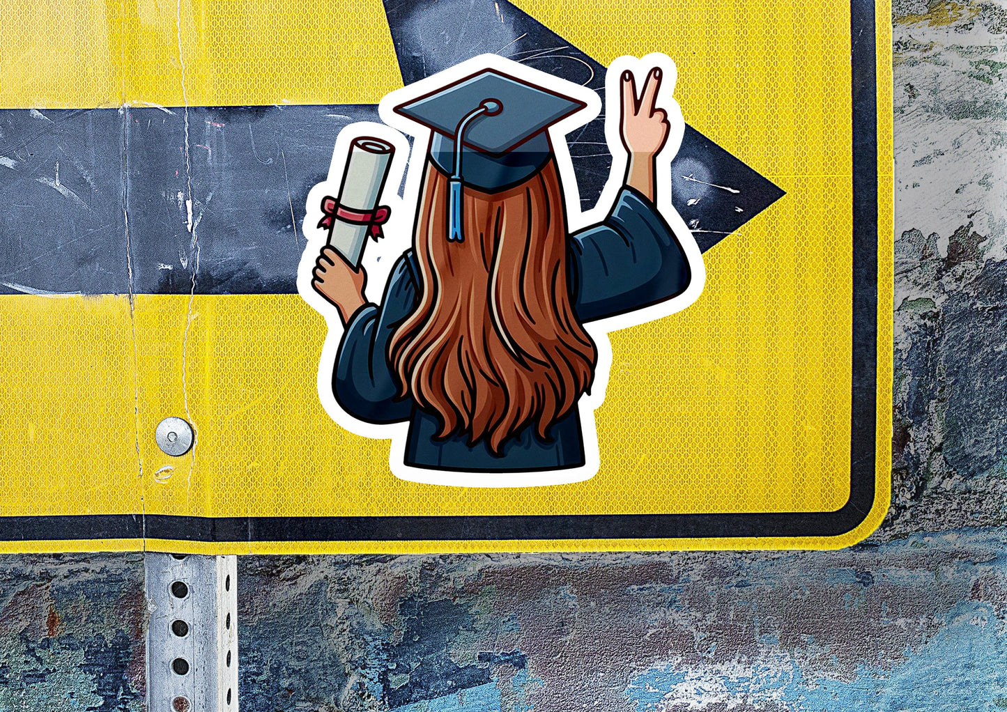 a sticker of a girl in a graduation cap holding a cell phone