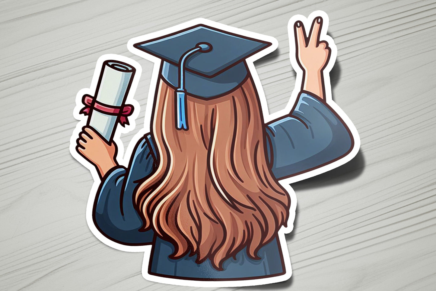 a sticker of a girl in a graduation cap holding a diploma
