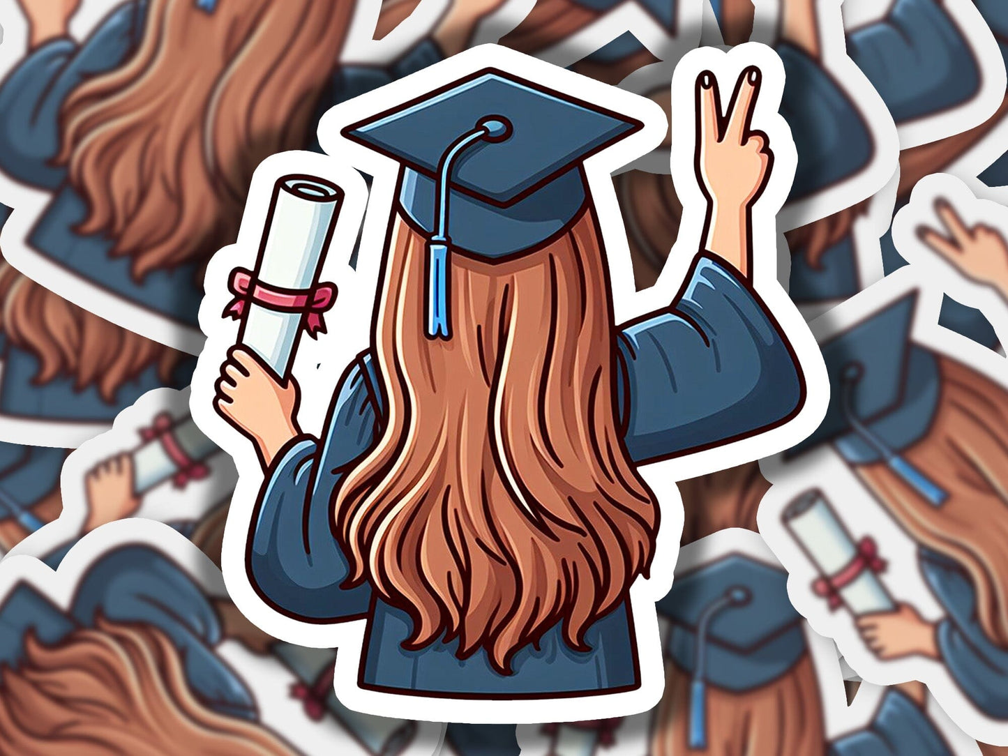 a sticker of a woman wearing a graduation cap and gown