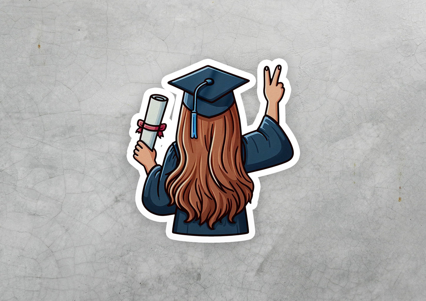 a sticker of a girl in a graduation cap holding a cell phone