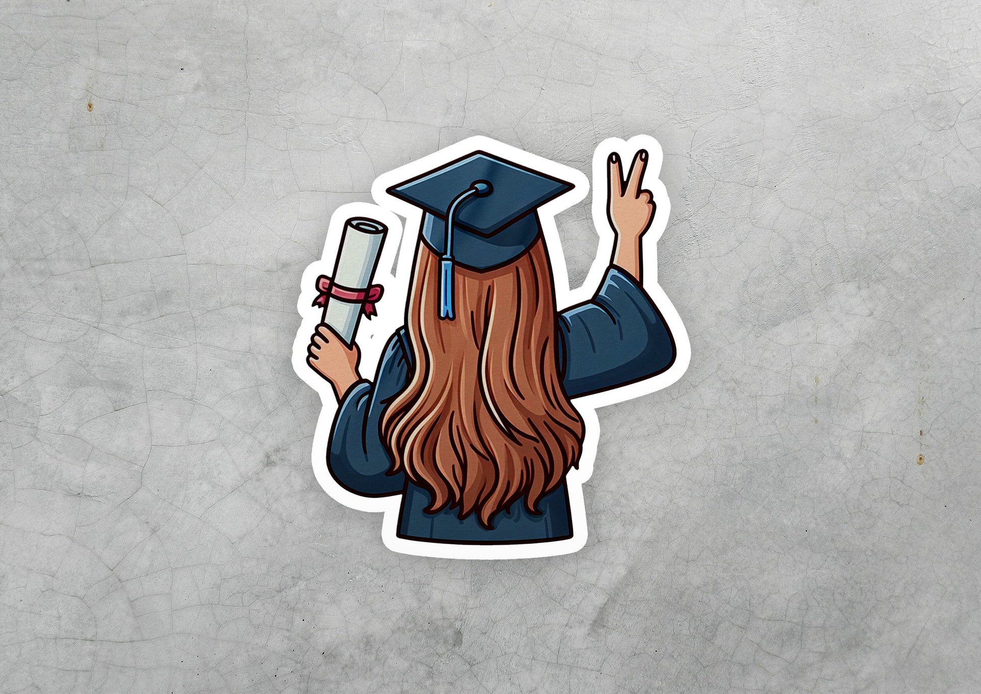 a sticker of a girl in a graduation cap holding a cell phone