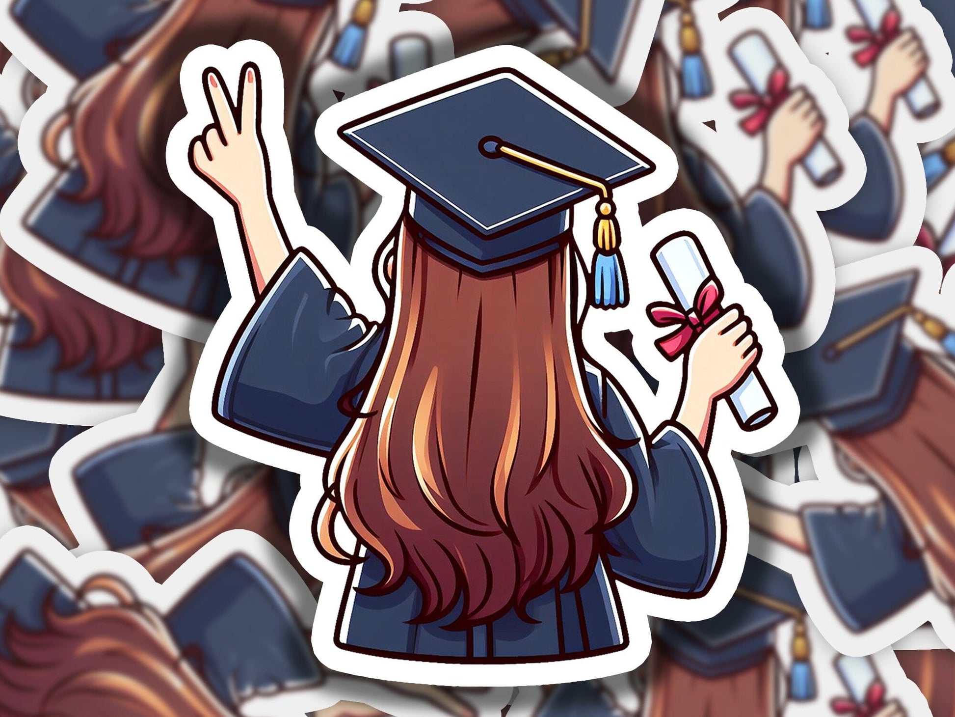 a sticker of a woman wearing a graduation cap and gown