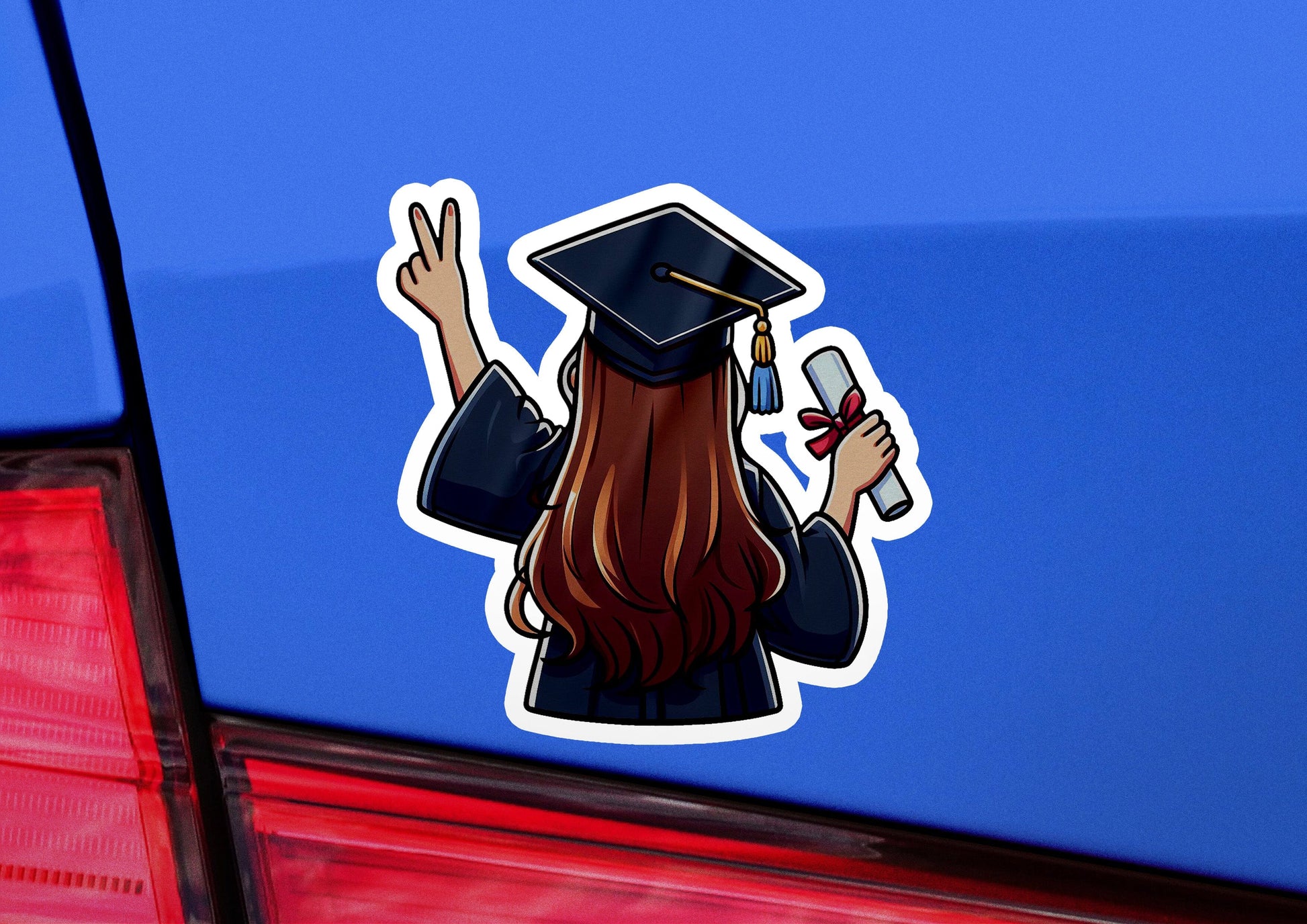 a sticker of a girl in a graduation cap holding a cell phone