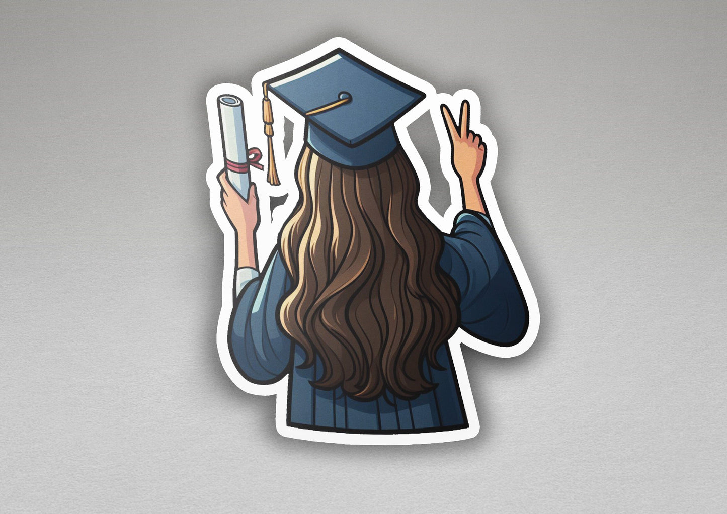a sticker of a girl in a graduation cap holding a cell phone