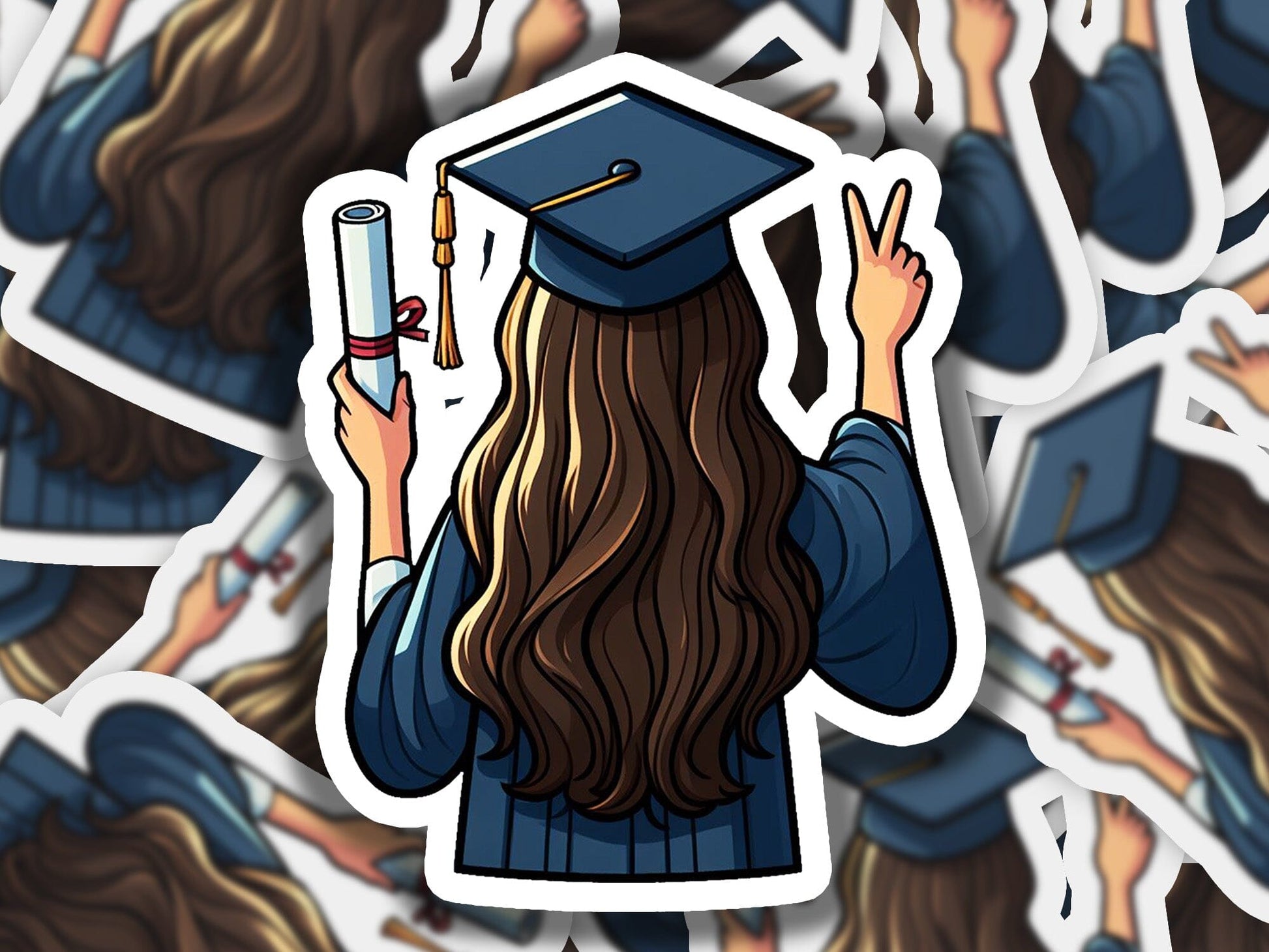 a sticker of a woman wearing a graduation cap and holding a cigarette
