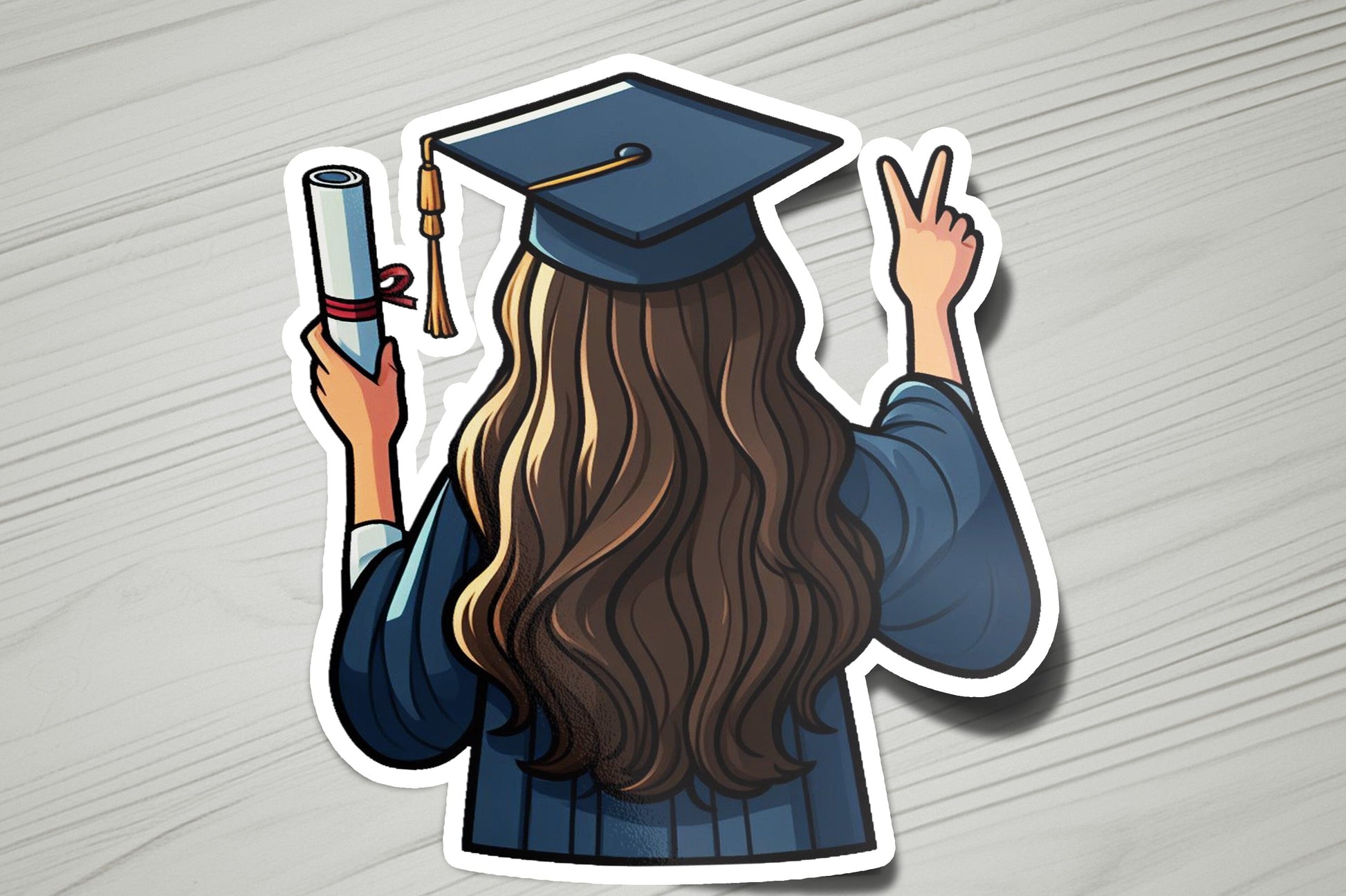 a sticker of a woman wearing a graduation cap