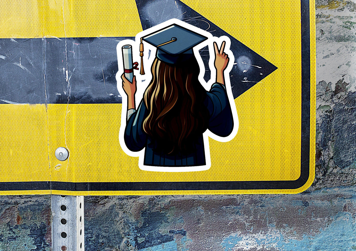 a sticker of a girl in a graduation cap holding a cell phone