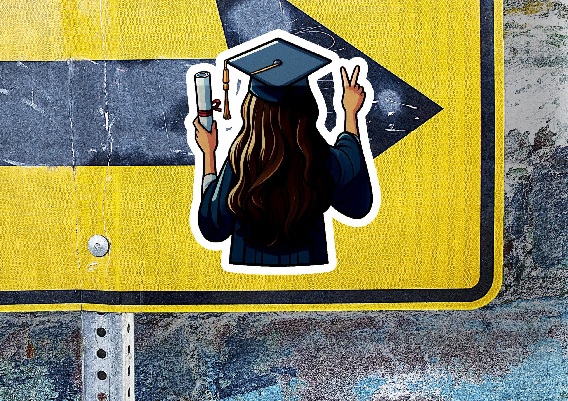 a sticker of a girl in a graduation cap holding a cell phone