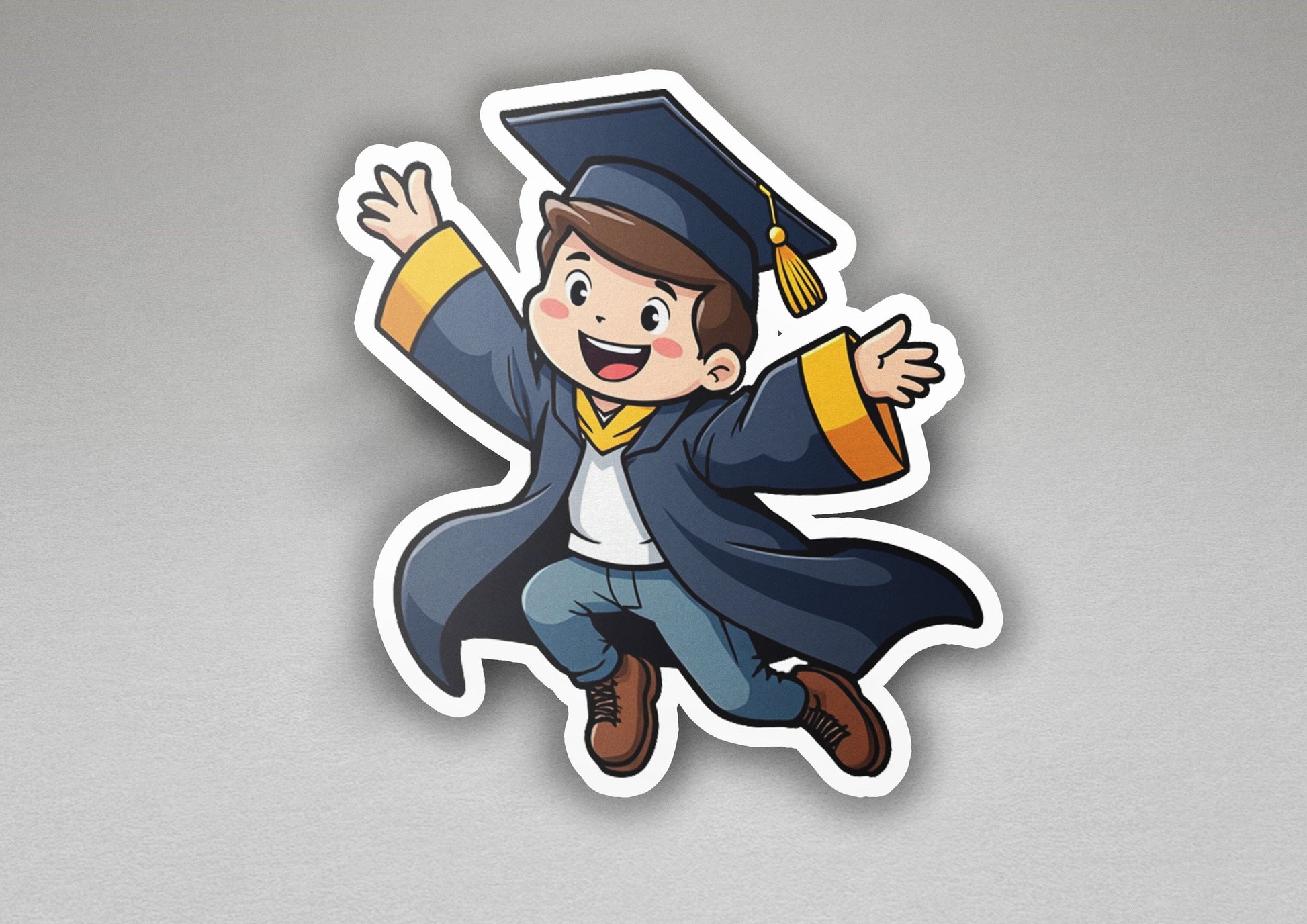 a sticker of a boy in a graduation cap and gown