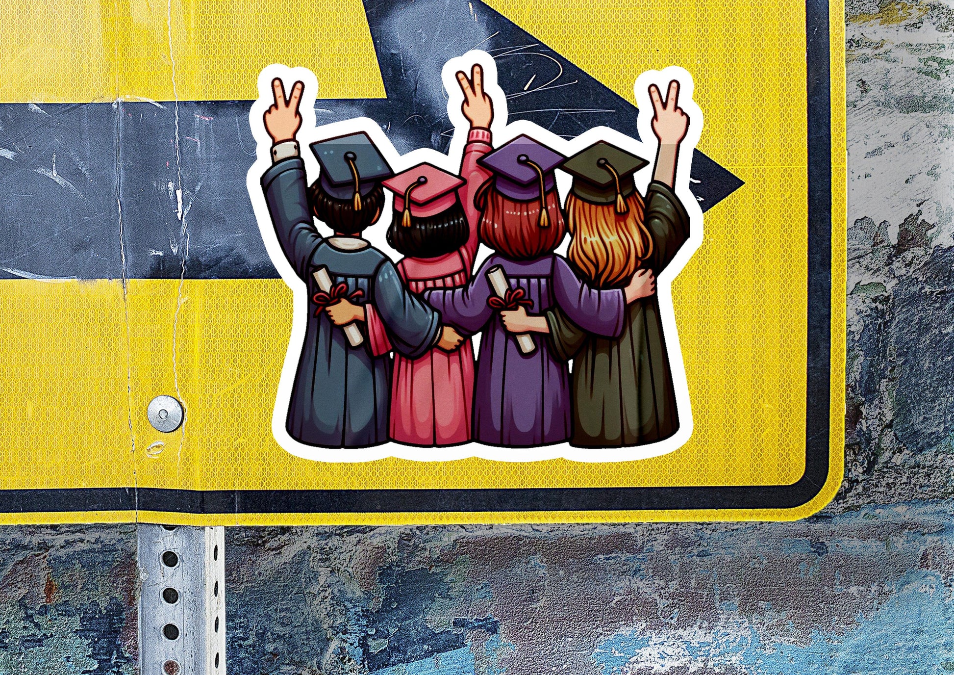 a sticker of a group of people standing in front of a street sign