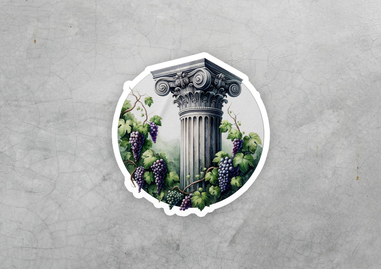 a sticker with a picture of a column surrounded by grapes