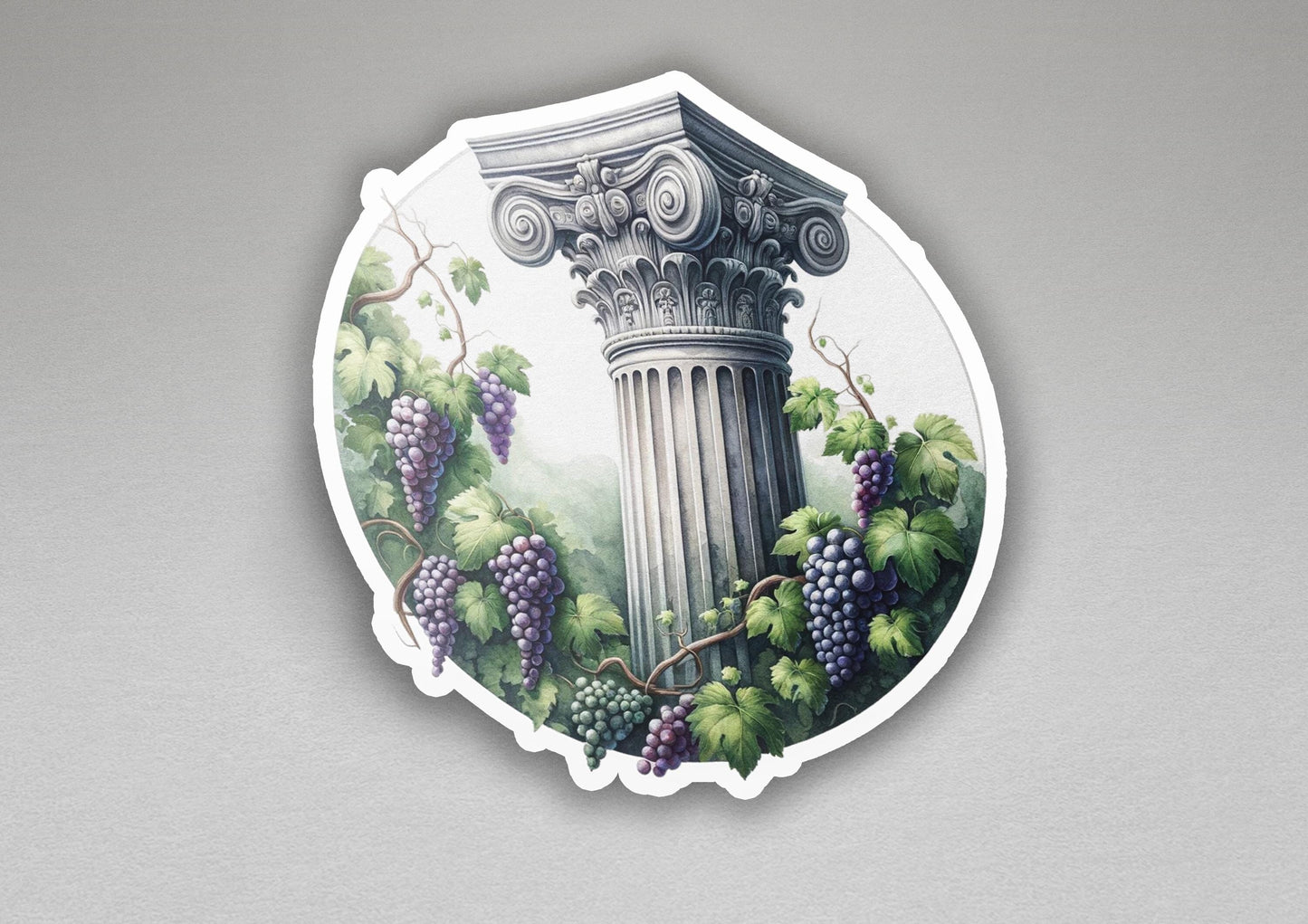 a sticker with a picture of a column and grapes