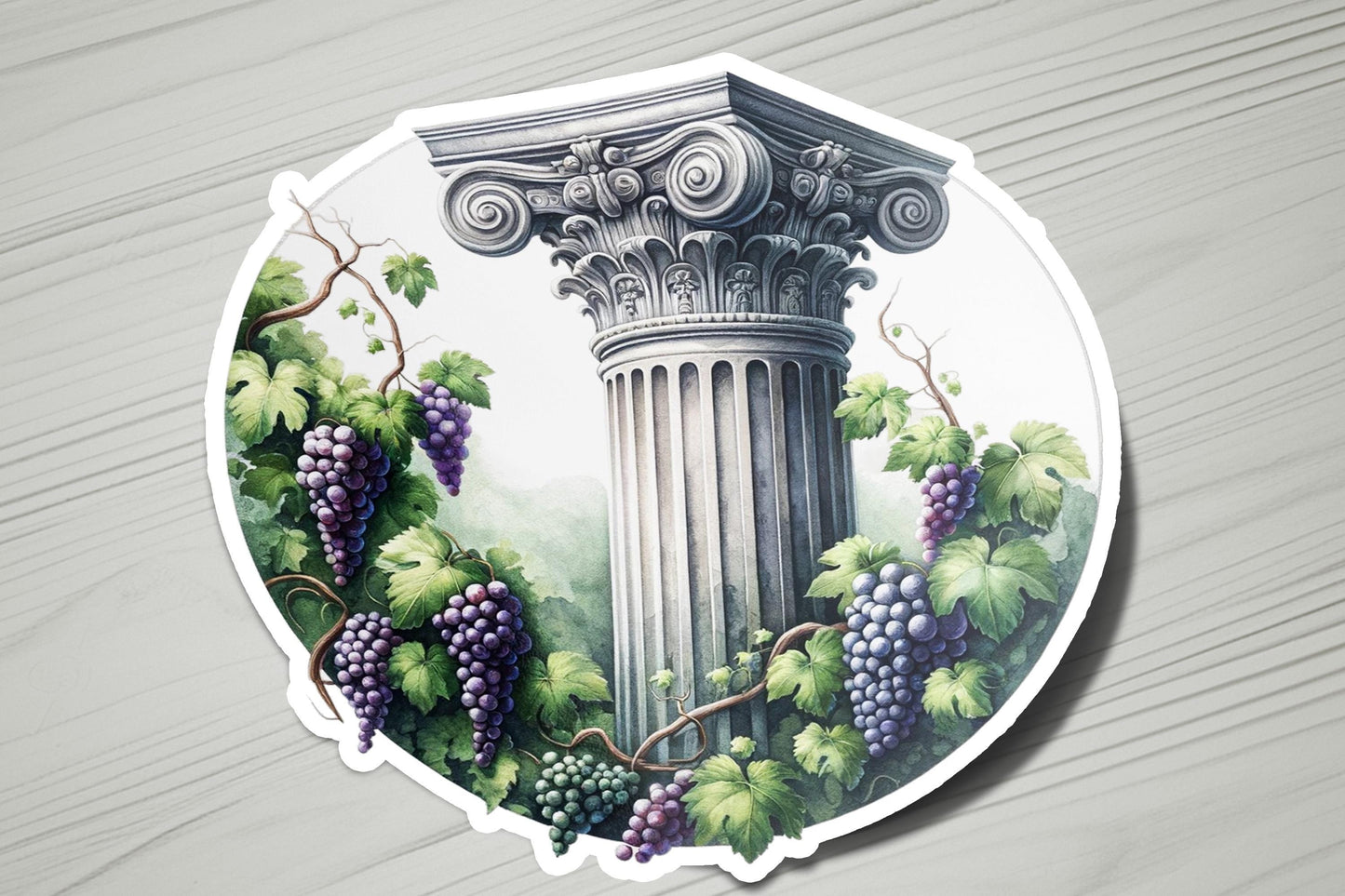 a sticker with a picture of a column and grapes
