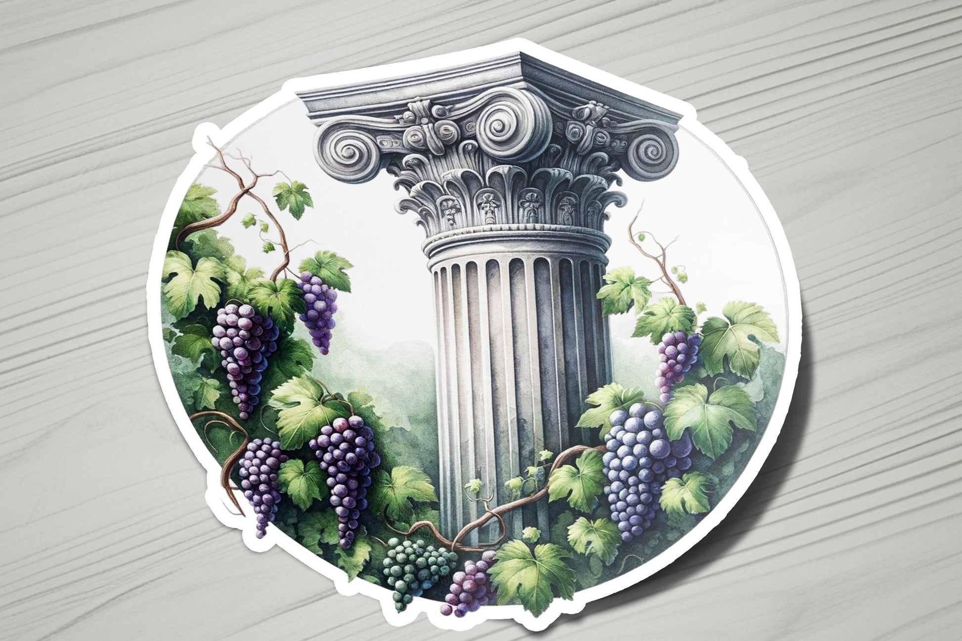 a sticker with a picture of a column and grapes