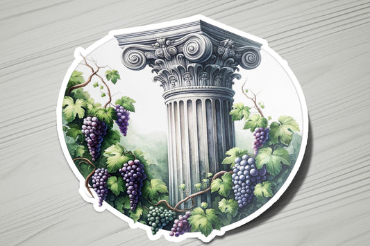 a sticker with a picture of a column and grapes