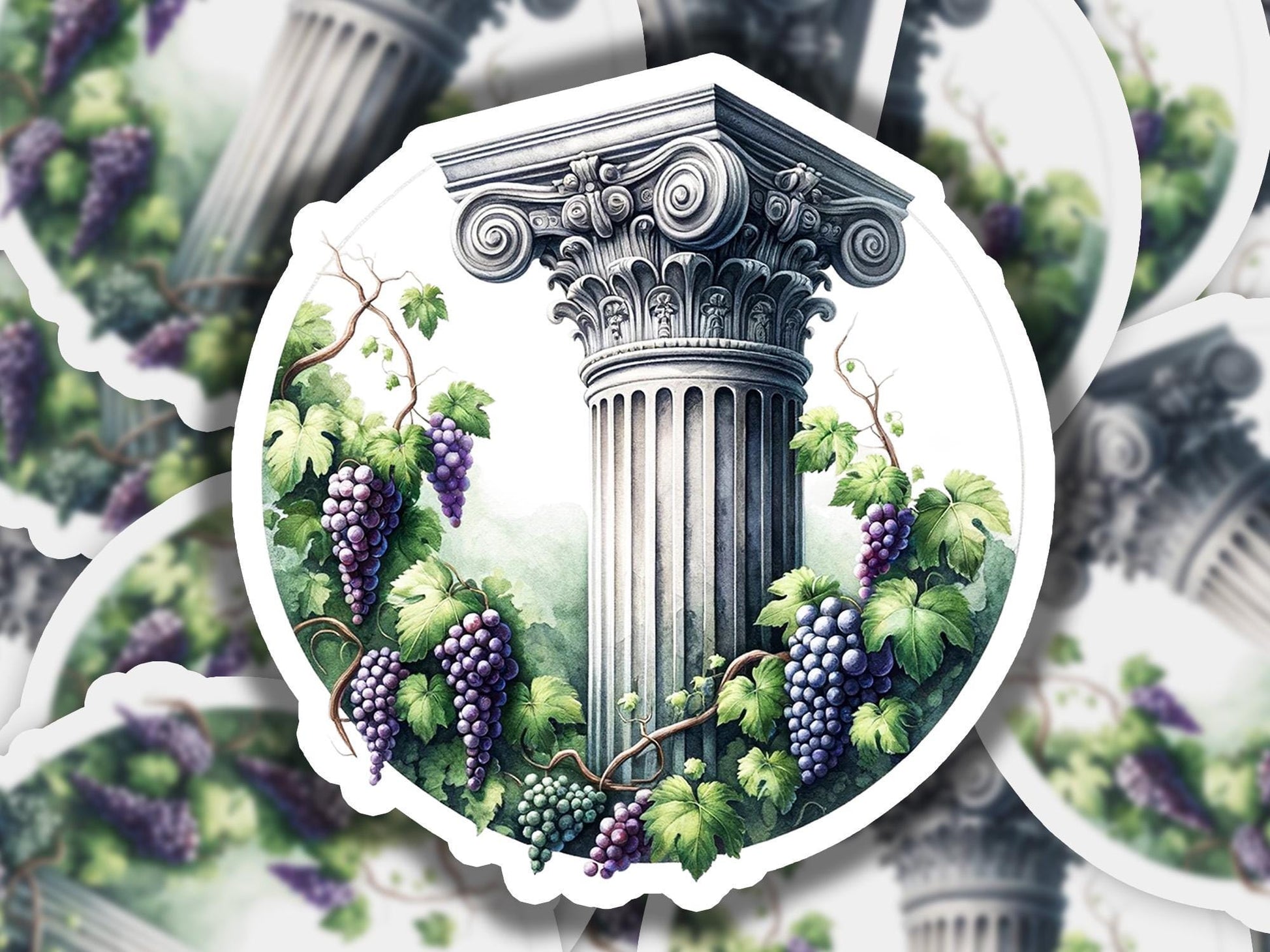 a sticker of a column surrounded by grapes