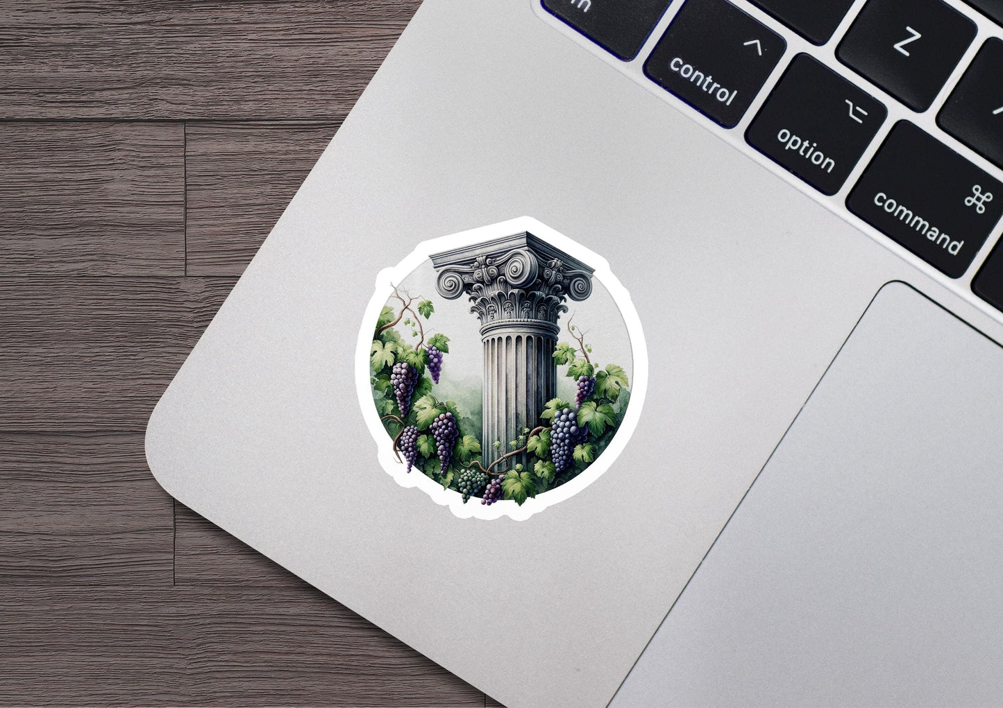 a sticker of a greek column surrounded by grapes