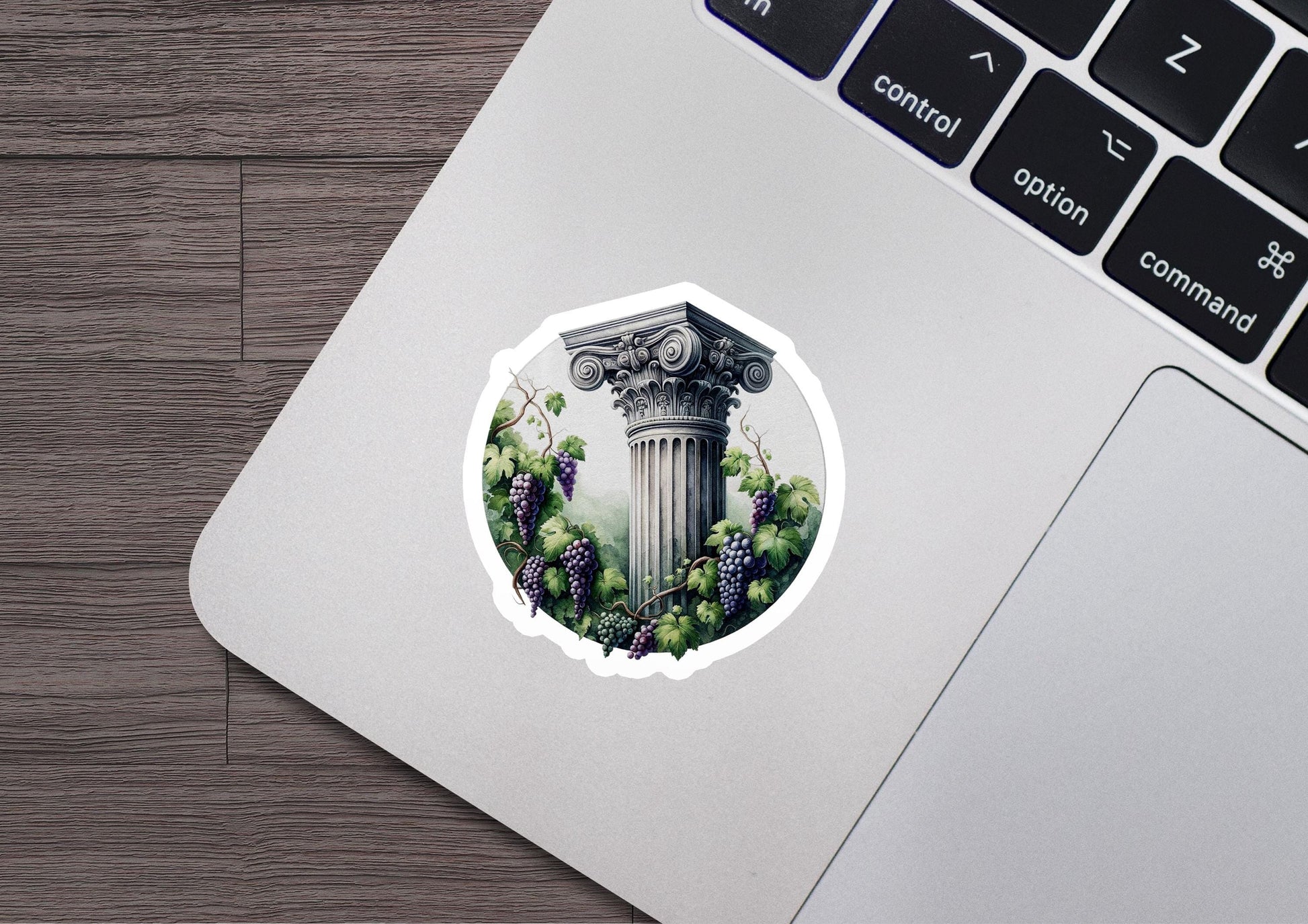 a sticker of a greek column surrounded by grapes