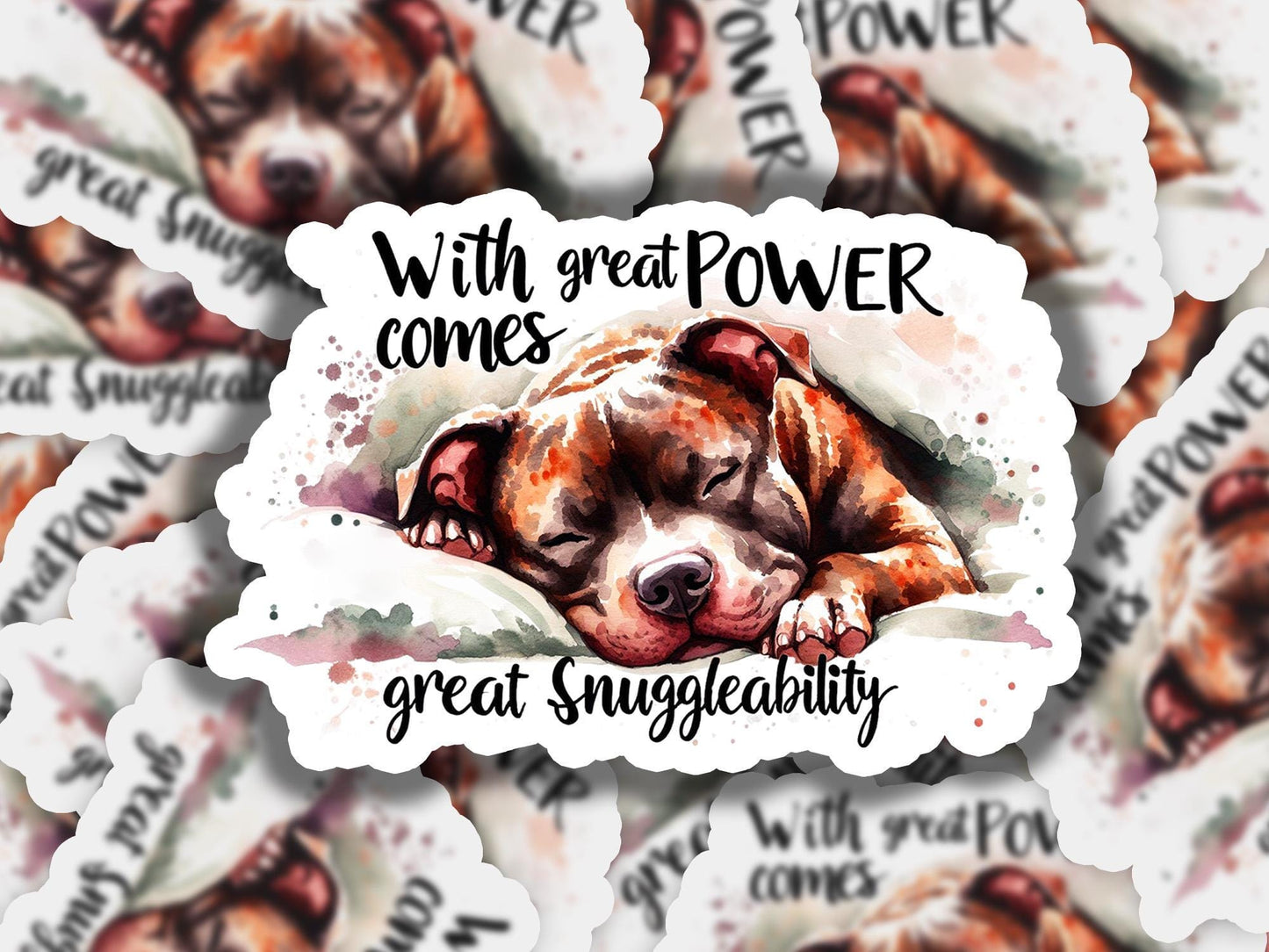 a sticker of a dog with the words with great power comes great sympathy