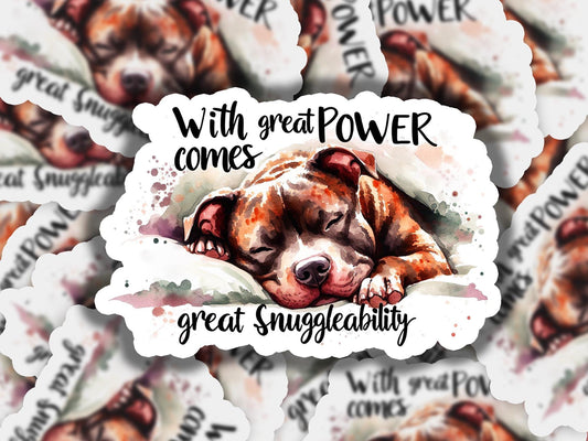 a sticker of a dog with the words with great power comes great sympathy