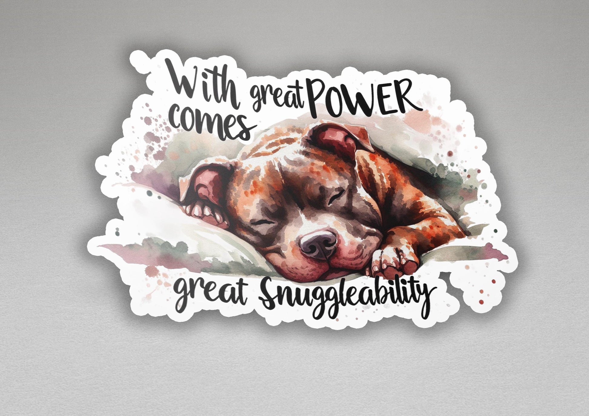 a sticker with a picture of a dog with the words with great power comes