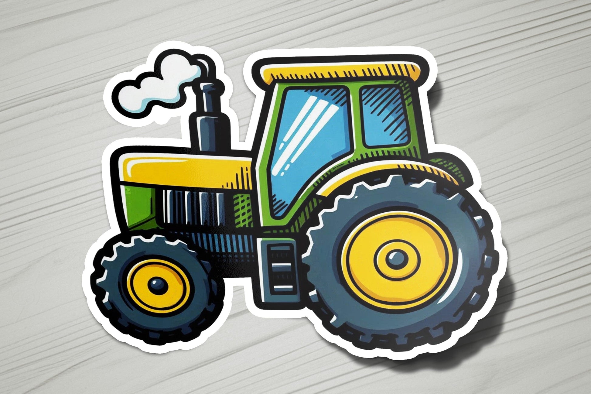 a sticker of a tractor on a wooden surface