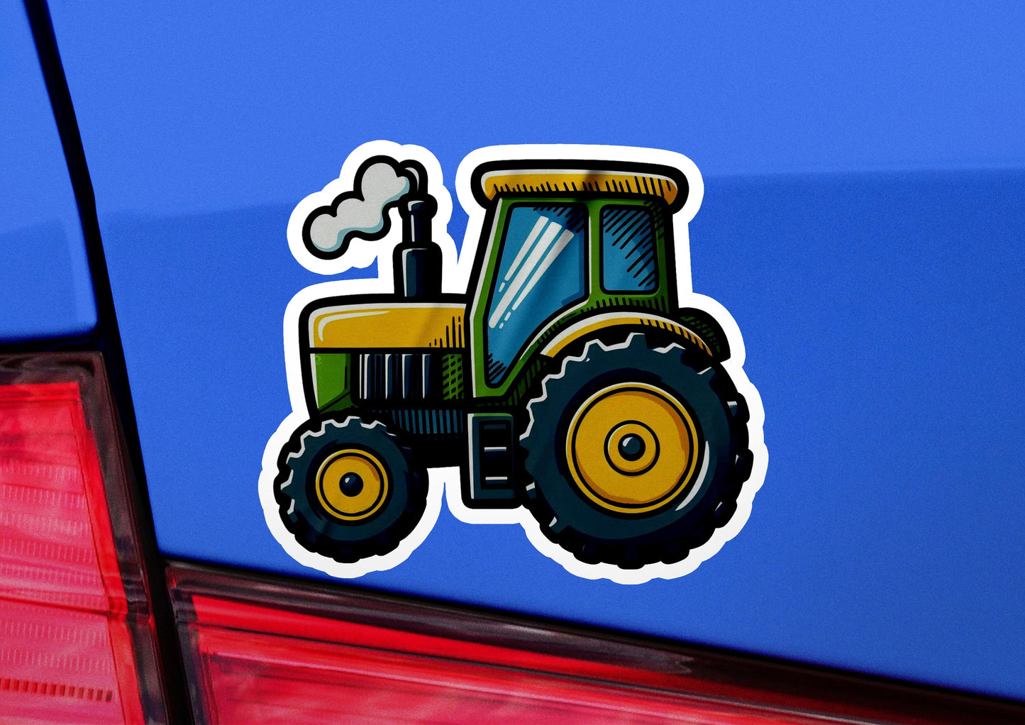 a tractor sticker on the back of a car