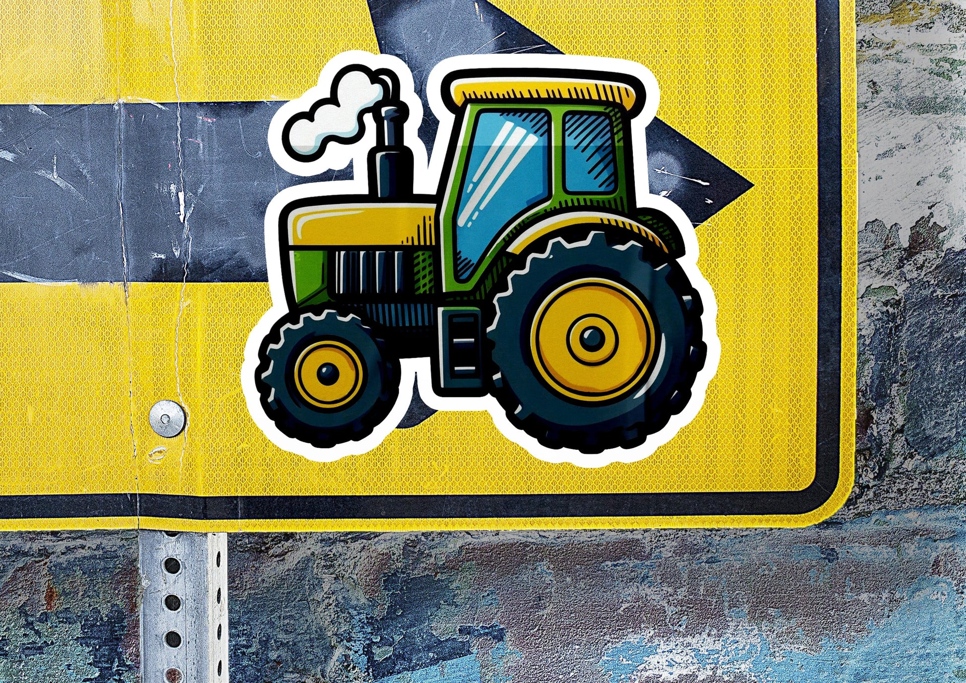 a sticker of a tractor on the side of a road