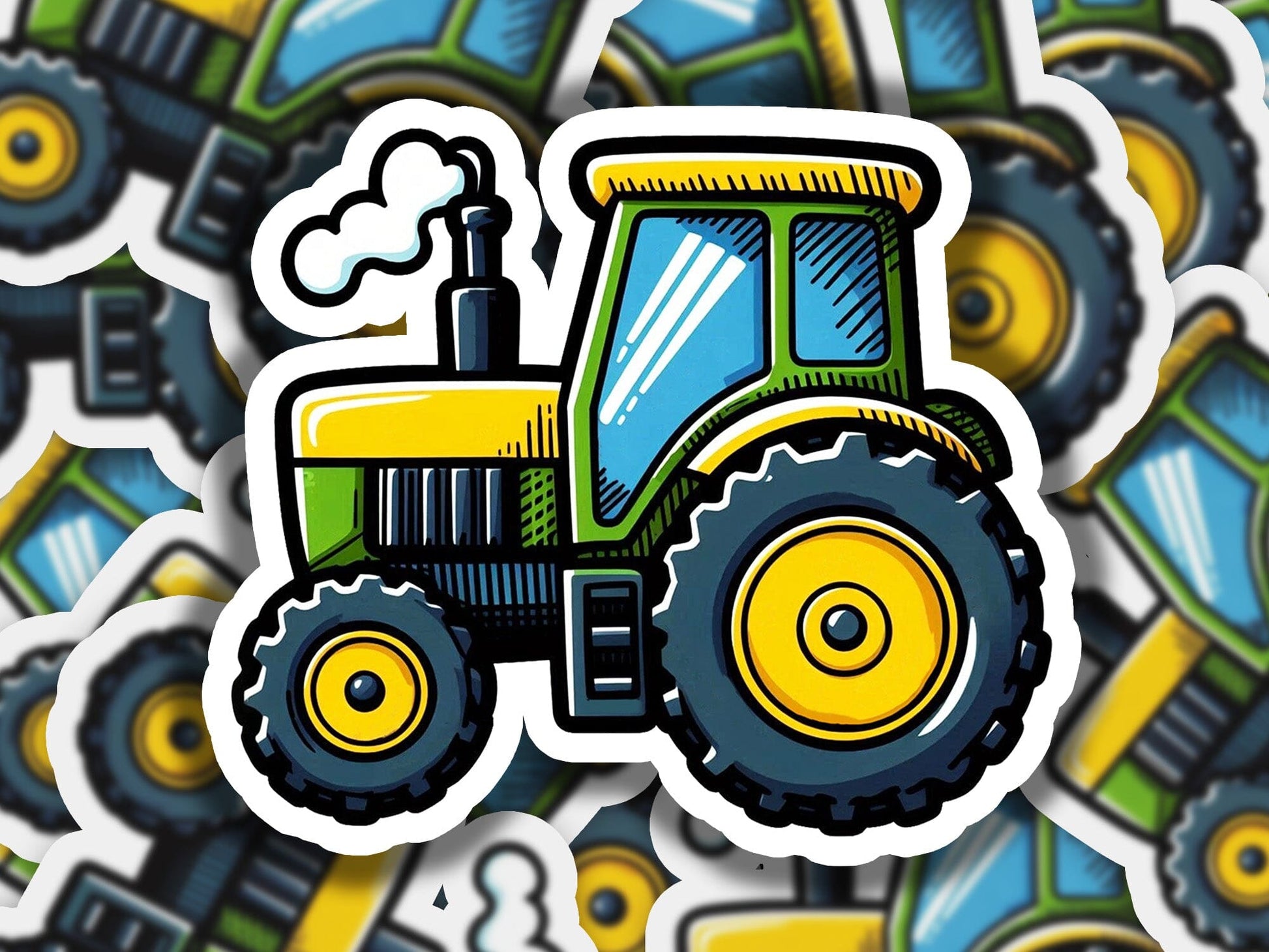a sticker of a tractor on a colorful background