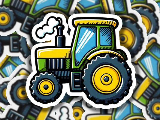 a sticker of a tractor on a colorful background