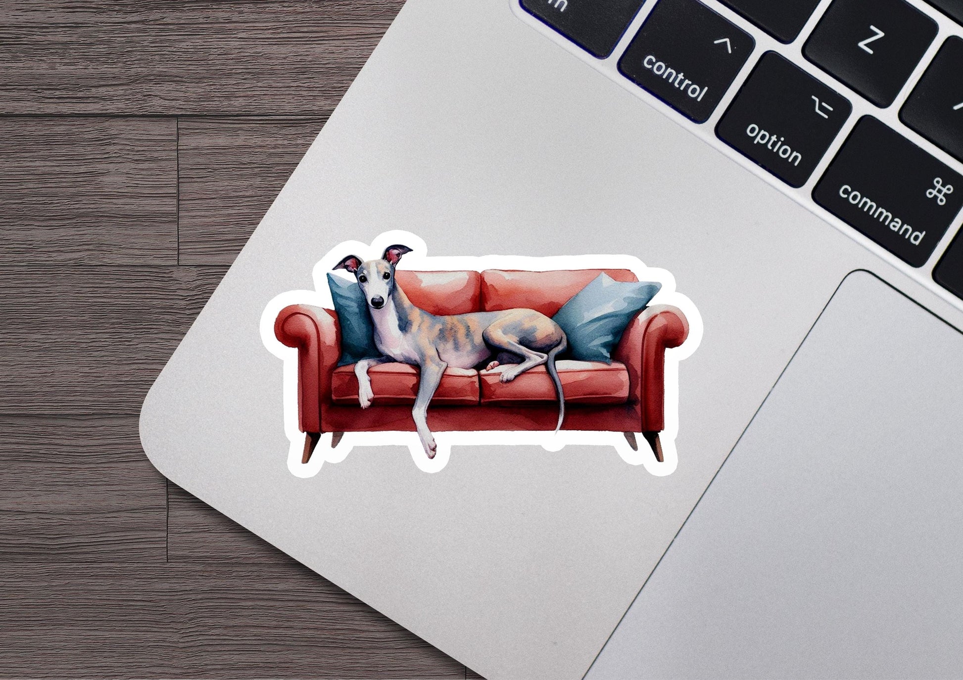 a sticker of a dog sitting on a couch