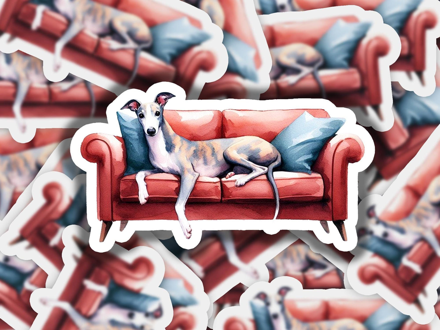 a dog is laying on a red couch