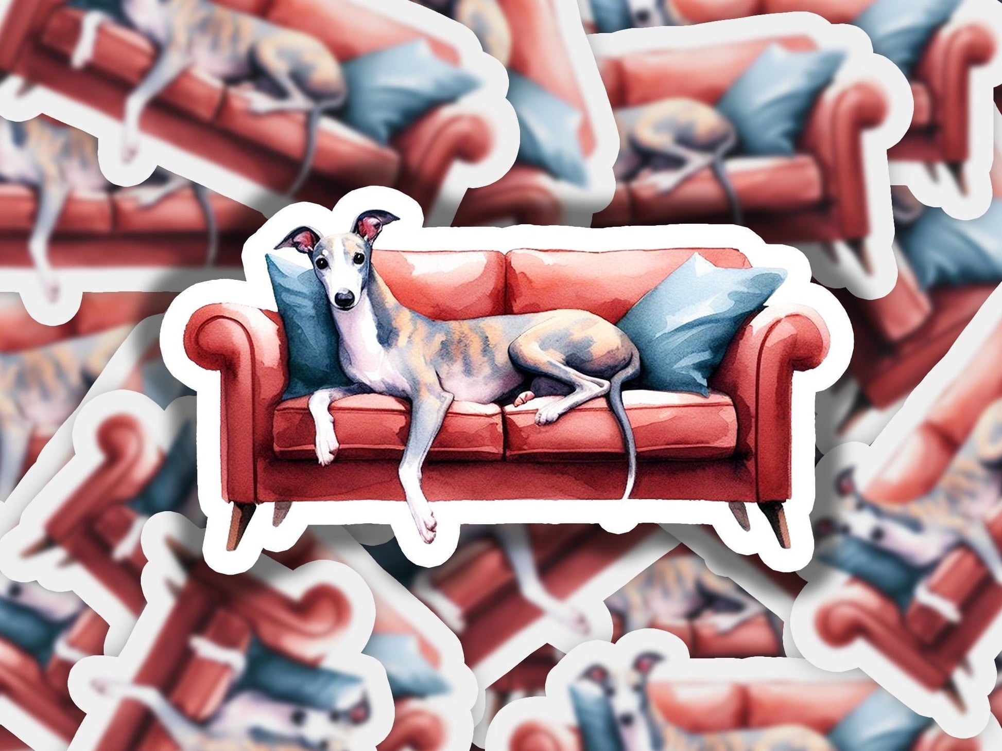 a dog is laying on a red couch