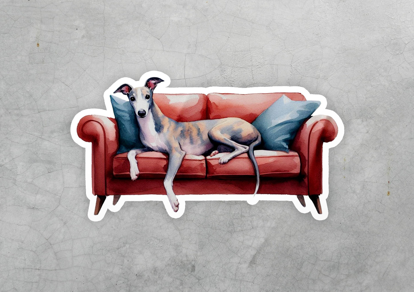 a sticker of a dog laying on a couch