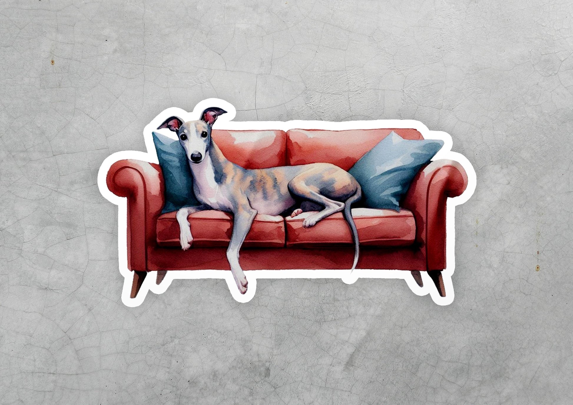 a sticker of a dog laying on a couch