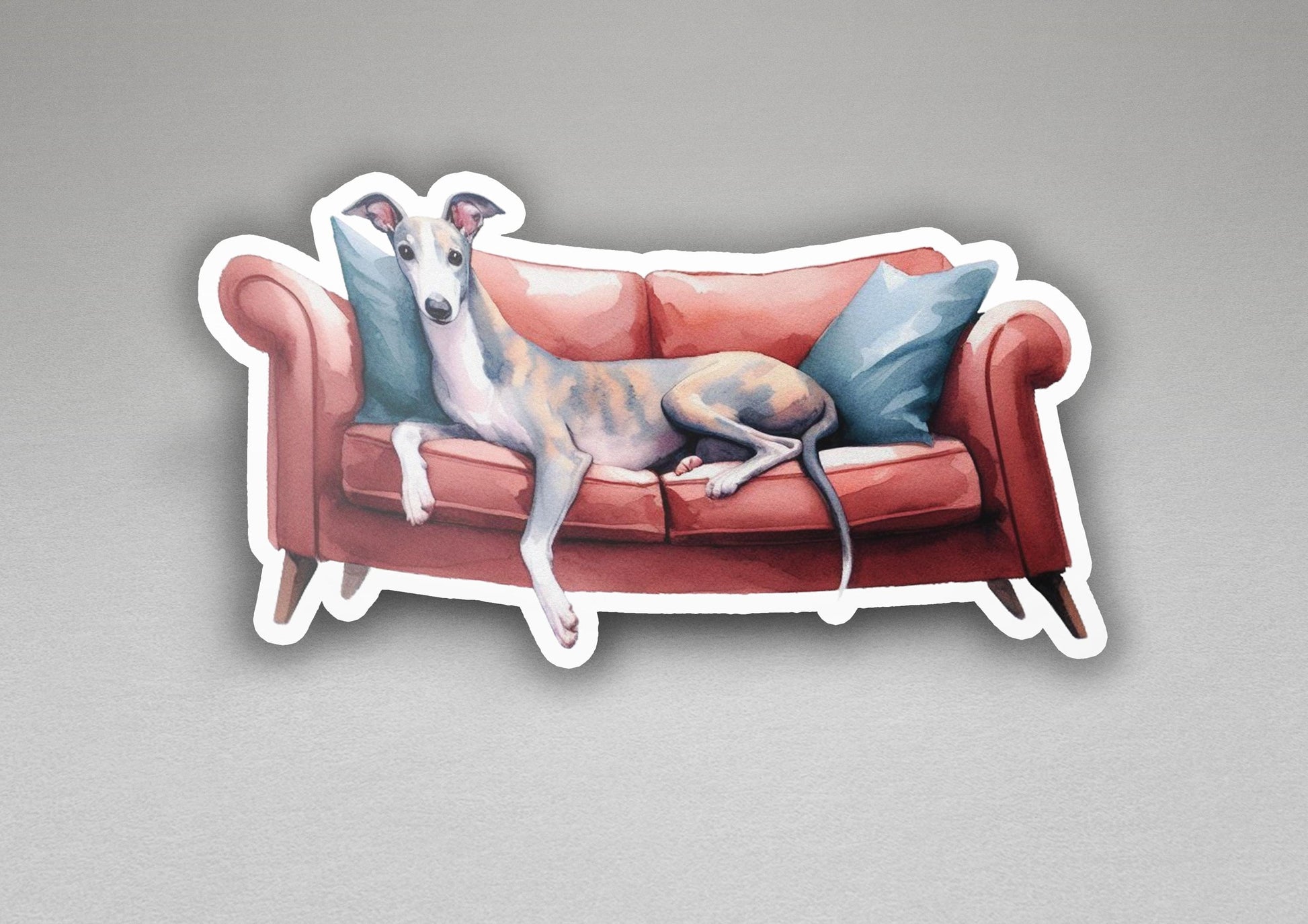 a sticker of a dog laying on a couch